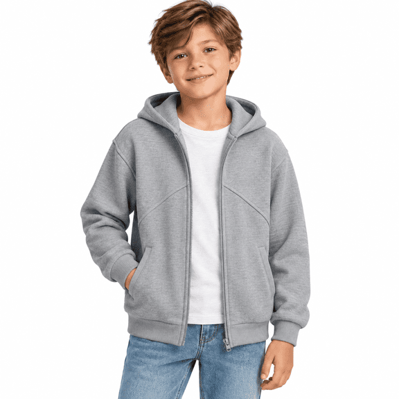 Gray Boys Full Zip Hoodie Size 7-8 Years,Solid Color Fleece Sweatshirt with Pockets,Casual Athletic Hooded Jacket for School Sports Daily Wear