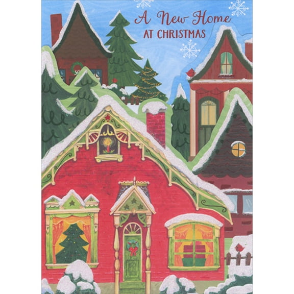 Designer Greetings Sparkling Snow Covered Red House with Green Door Die Cut New Home Christmas Card