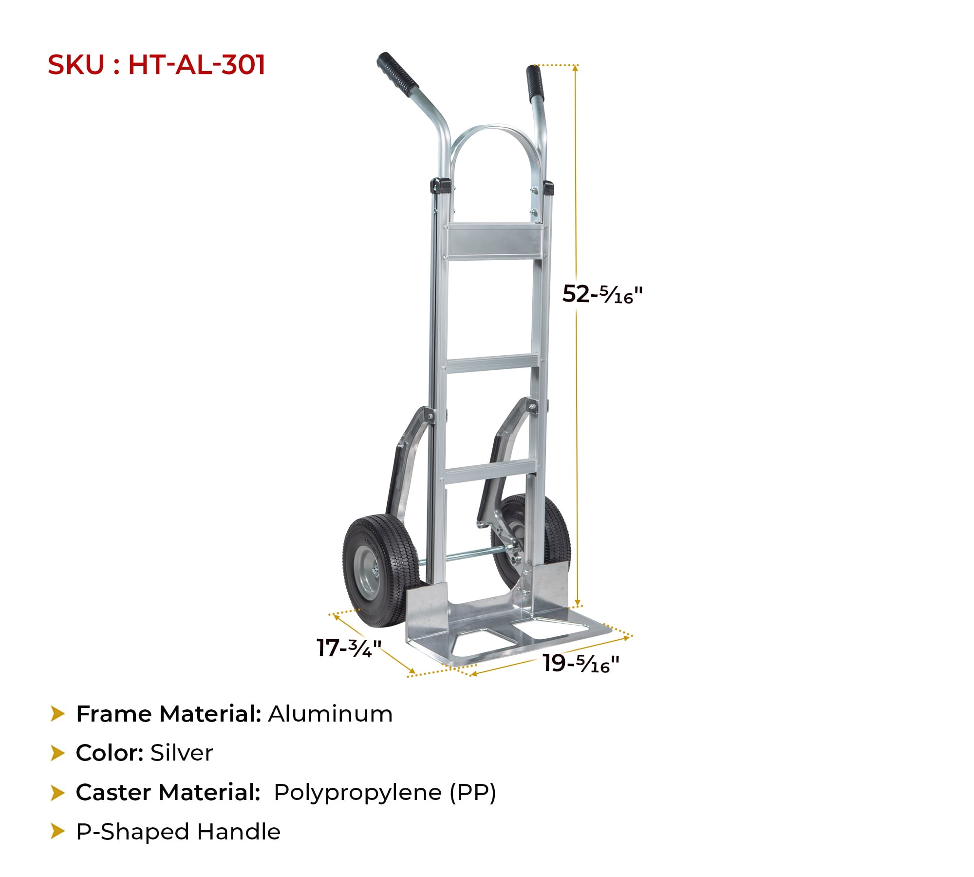 600 lbs Dual Handle Aluminum Hand Truck Heavy Duty Dolly with 10" Solid Caster Wheels - Large Hand Truck with Skid Bars  - 52.3" x 17.5" with 19.3" x 7.5" Nose Plate