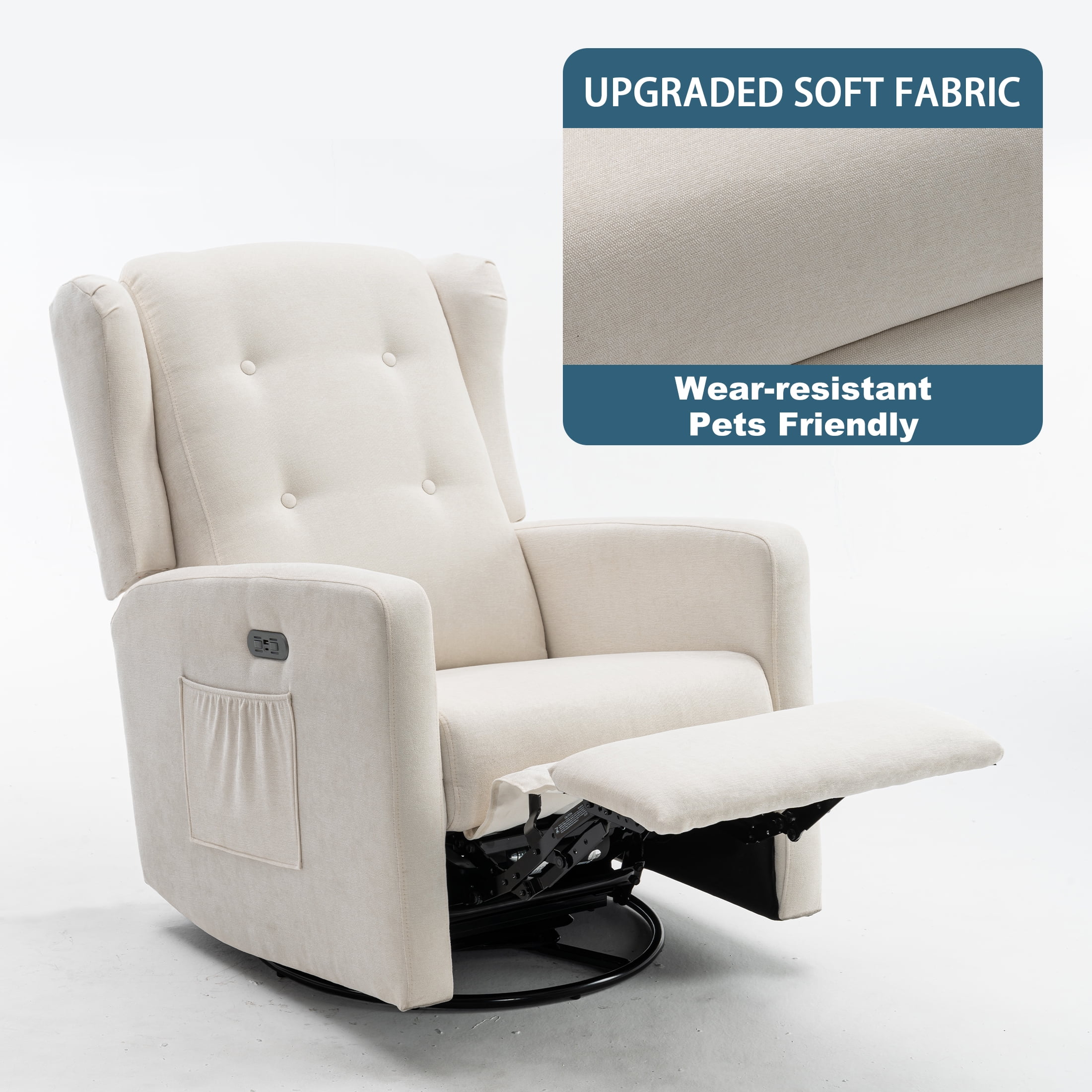 Power Swivel Rocking Recliner Chair, Electric Rocker Nursery Glider Chair, USB and Type-C Ports, Upholstered Fabric Reclining Single Sofa Chair for Living Room (Beige)