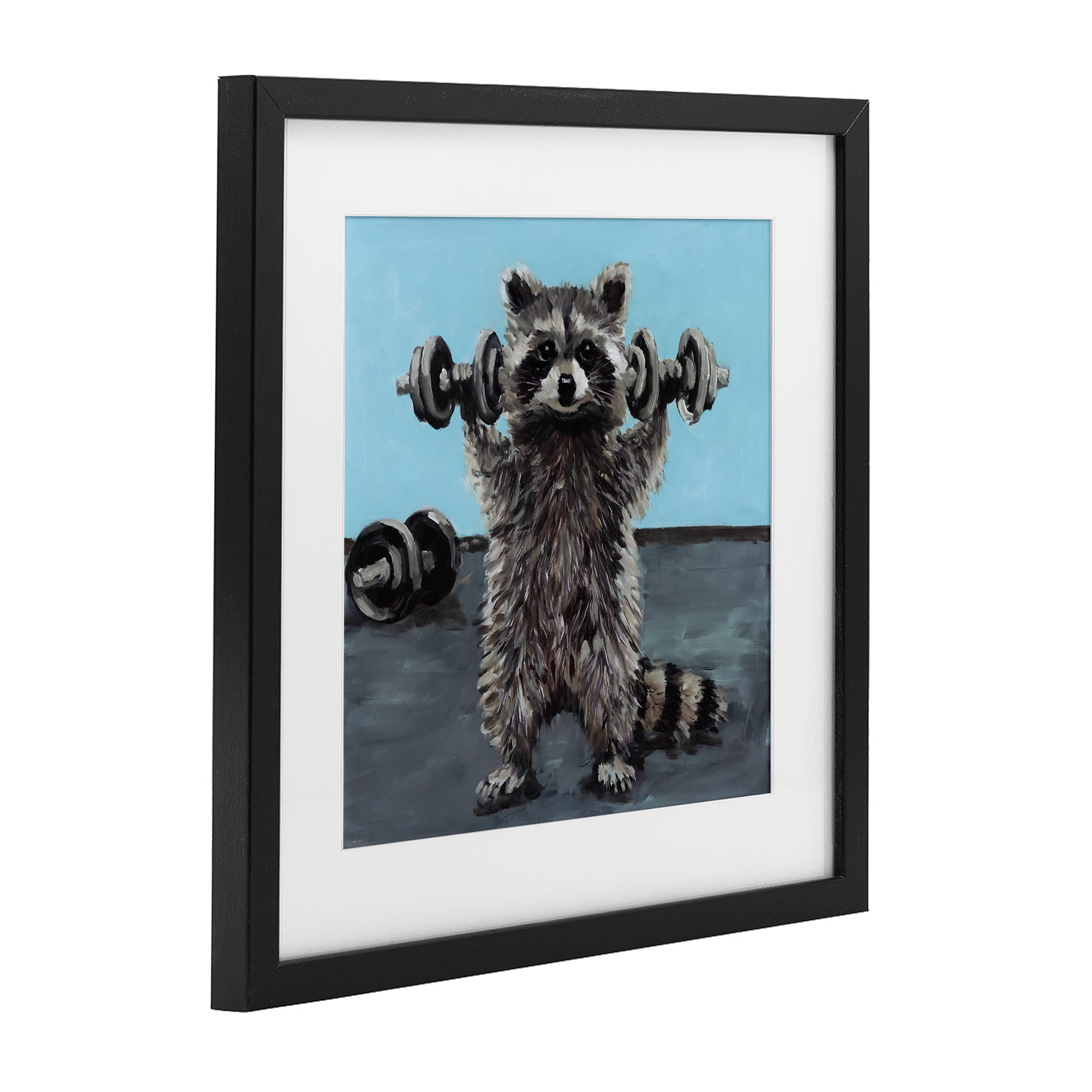 Fitness Raccoon with Weights Black Framed Print Under Glass, design by Studio Bautista