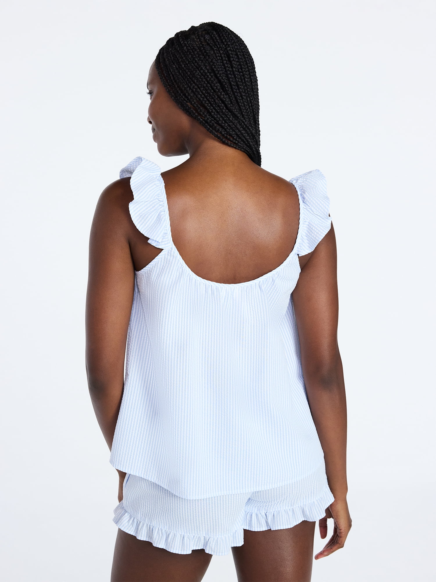 Joyspun Women's Seersucker Sleep Cami and Shorts Set with Ruffle, 2-Piece, Sizes XS-3X