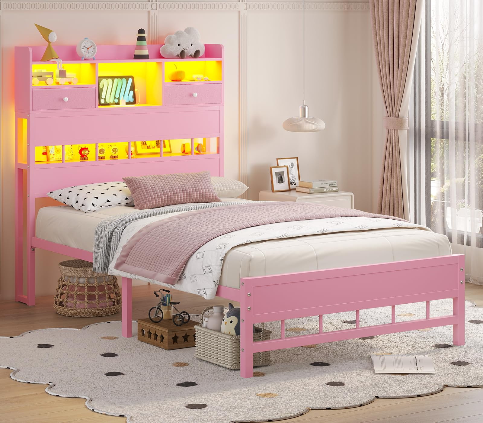 Afuhokles Twin Size Platform Bed Frame with Storage Headboard and Charging Station, Pink