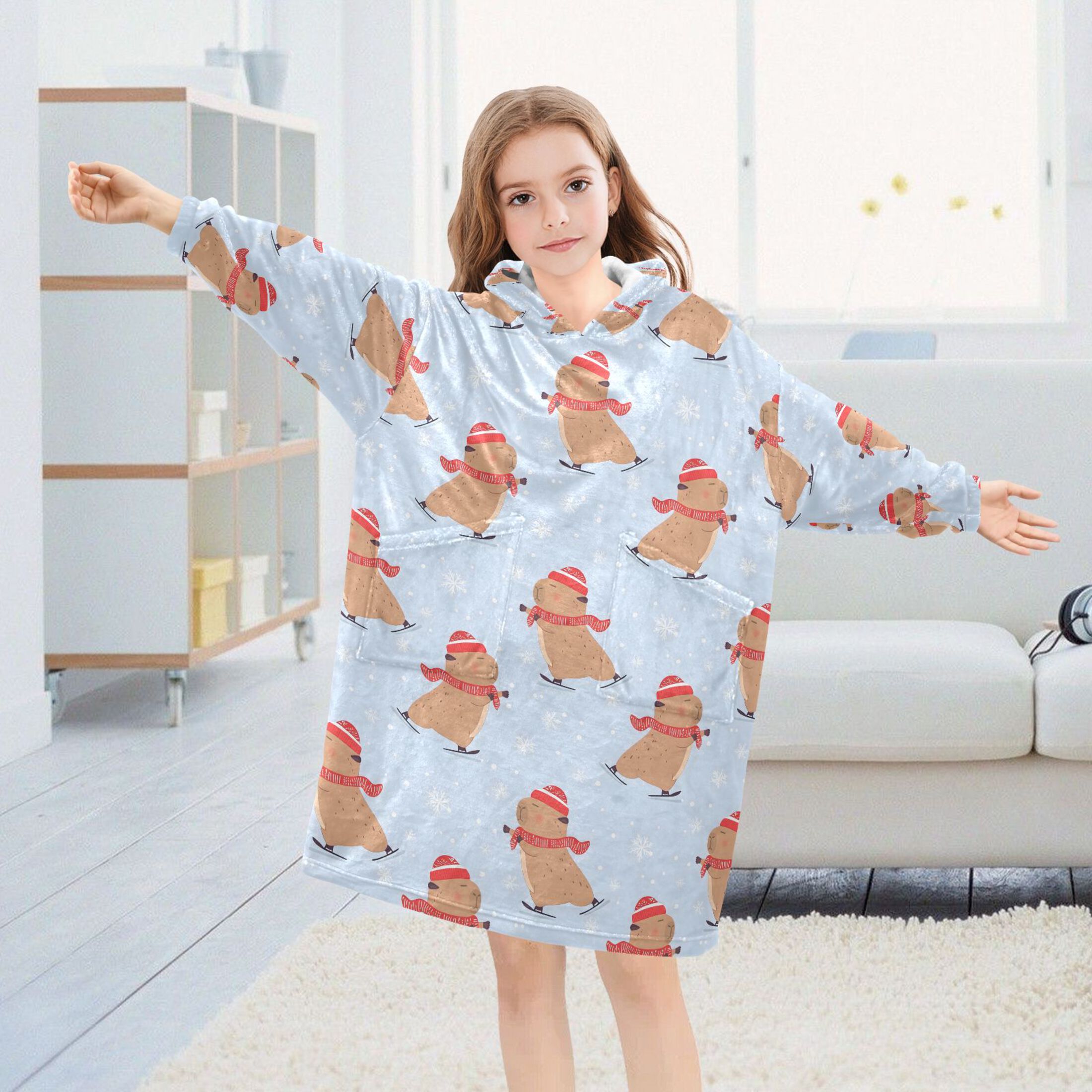 Wearable Blanket Hoodie for Capybara Skate Snowflake Pattern Flannel Hooded Blanket with Pockets and Sleeves Suitable