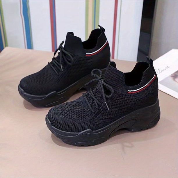 Zapatillas De Deporte Gruesas Tejidas Voladoras Transpirables Para Mujer, Zapatos De Tacón Oculto Con Cordones Casuales, Zapatos Cómodos Para Correr