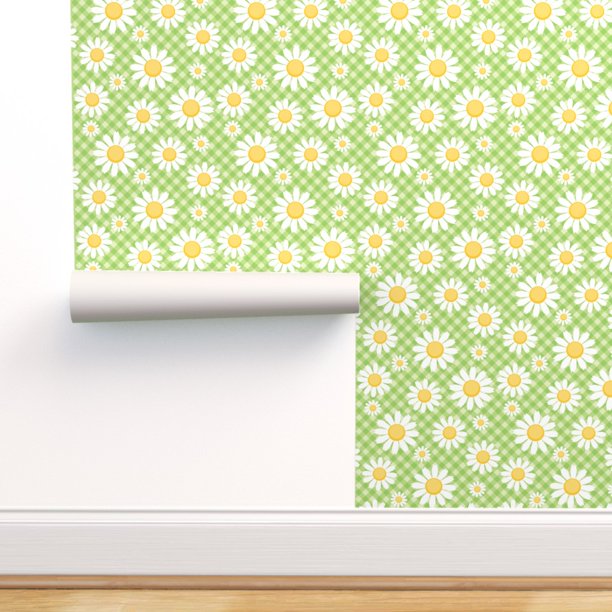 Peel-and-Stick Removable Wallpaper Daisies Green Plaid Check Summer