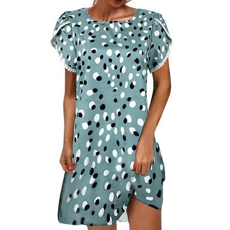 

ZIZOCWA Casual Jumpsuits For Women Mid Dress Summer Dresses For Women Casual Fashion Prints Round Neck Short Sleeve Lace Trim Dress Maternity Formal Dress