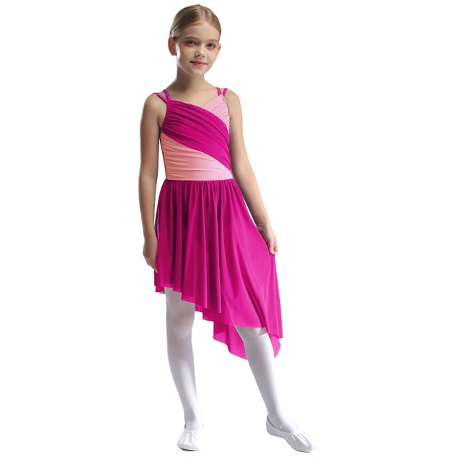 MSemis Enfants Filles Camisole Spaghetti Ballet Jazz Latin Moderne Lyrique Robe de Danse Justaucorps Irrégulier Robe Tenue de Spectacle Rose Vif 8