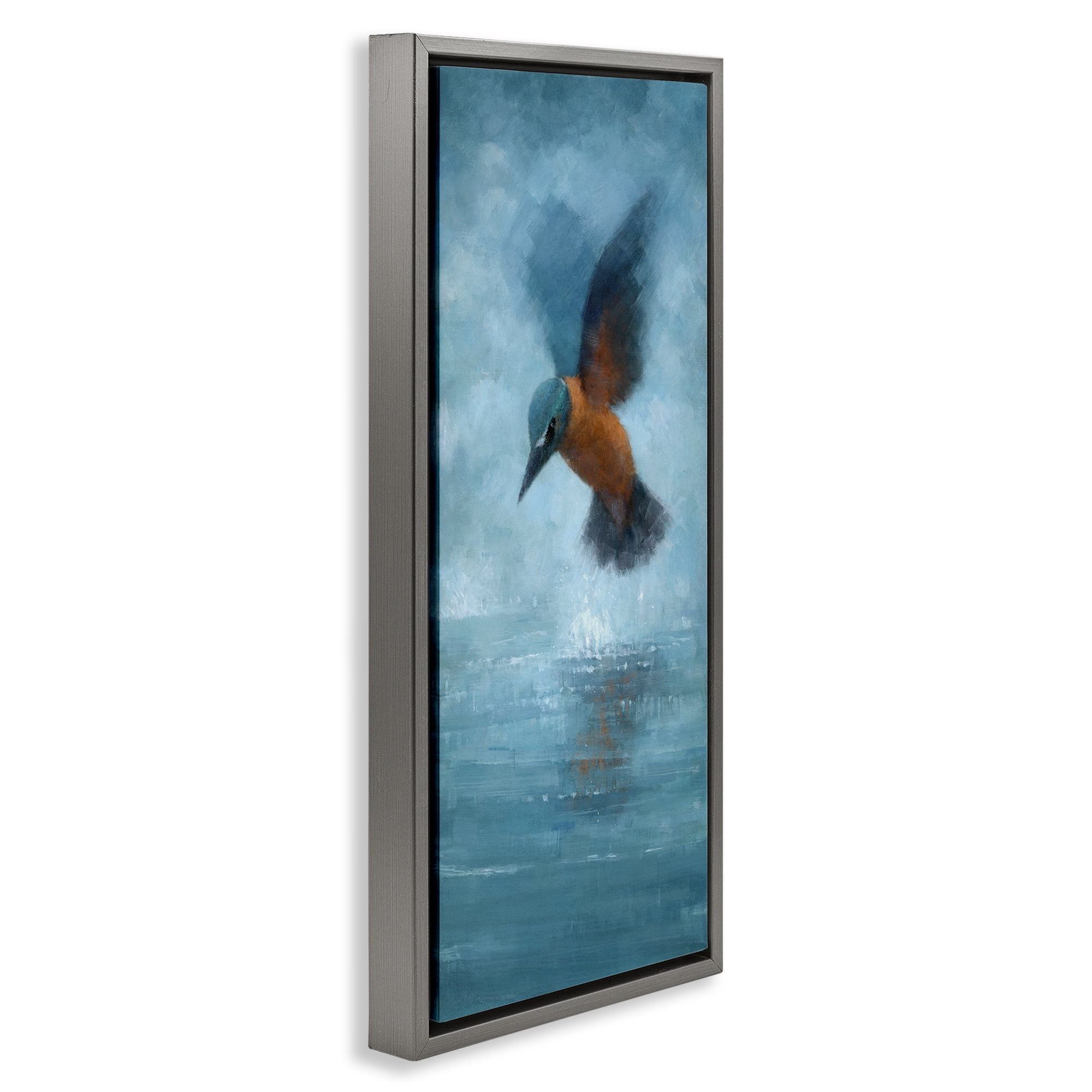 Stupell Industries Hummingbird Splashing Surface Animals Painting Gray Floater Framed Canvas Art Print Wall Art, 14 x 31