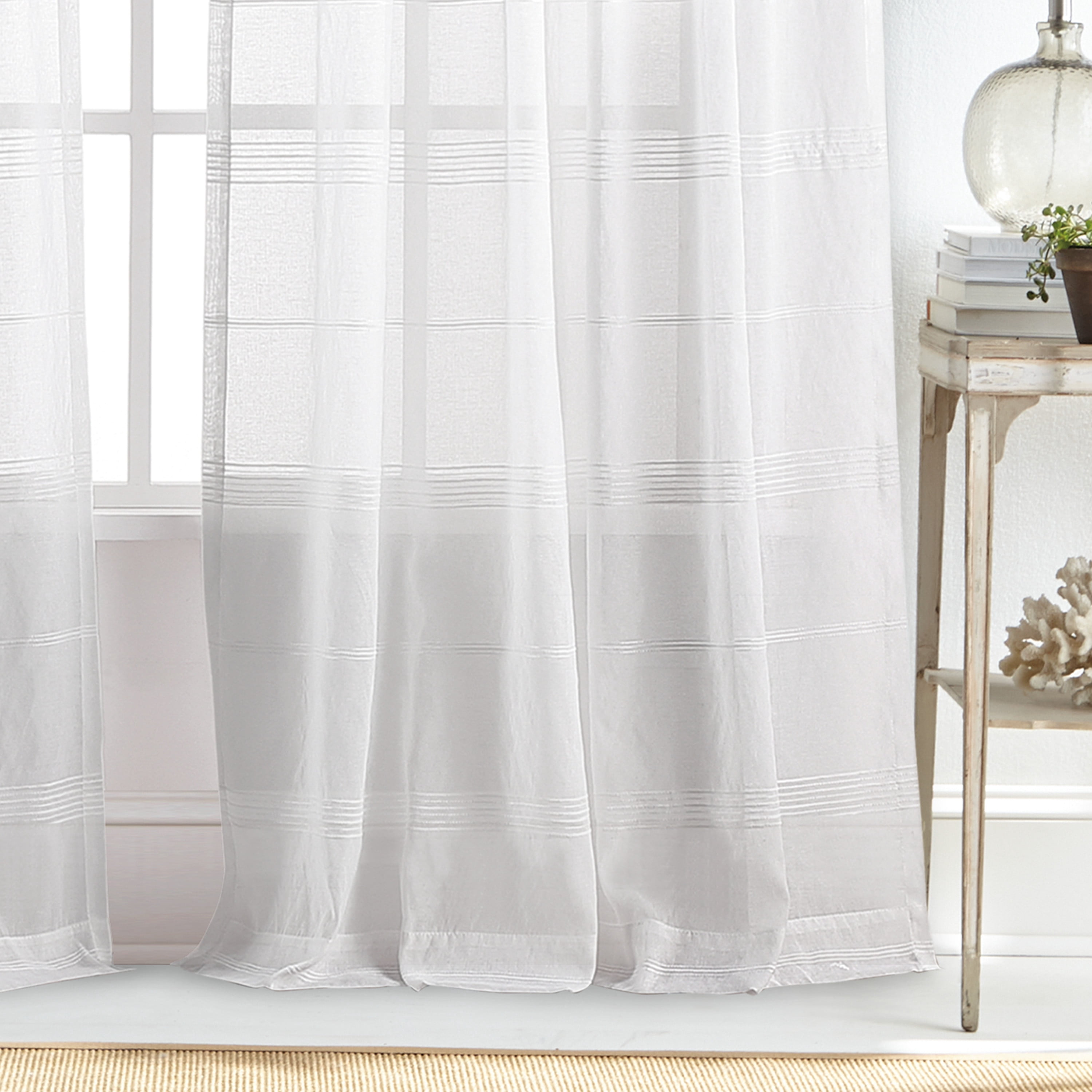 Martha Stewart Delicate Stripe Curtain Panel Pair, White, Pole Top, Sheer, Indoor, Adult, 2 Piece Set, 50" x 95"