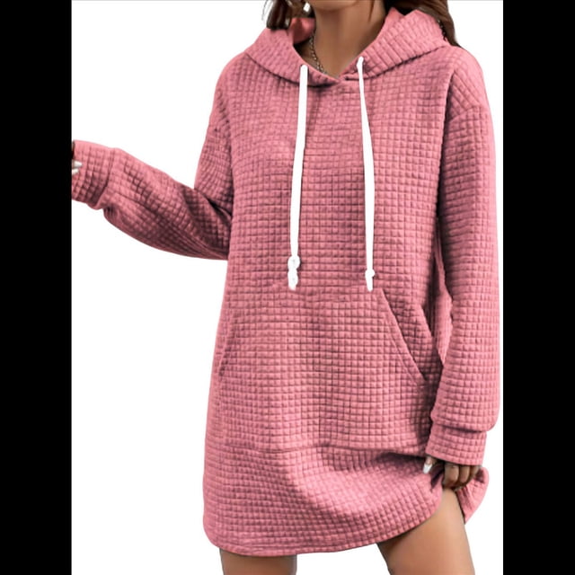 Suéter Deportivo Informal de Larga con Cordón y Cuello de Gofre para Mujer, Holgado, con Capucha y Bolsillos Rosa S