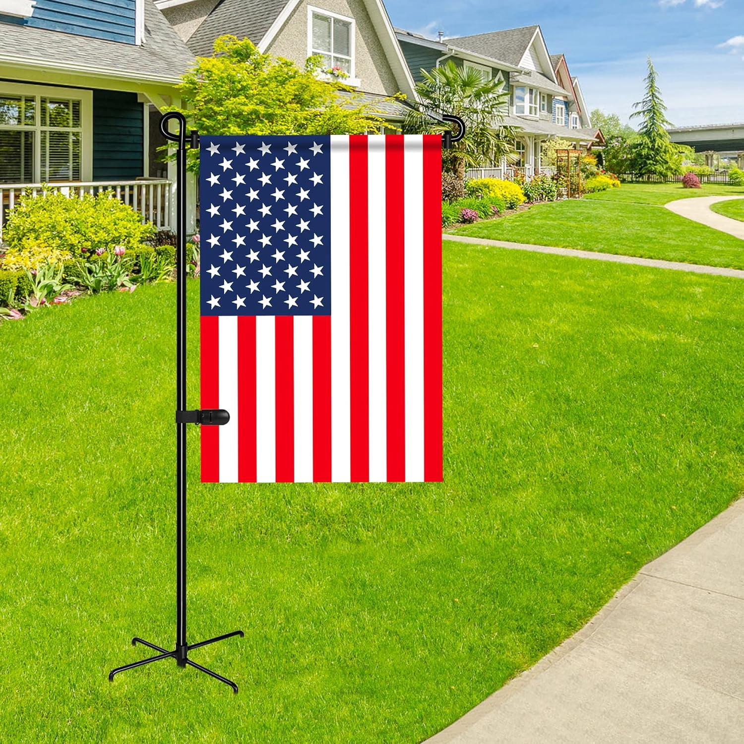 Garden Flag Stand with 5 Prong Base,Stable Design Garden Flag Holder for Outside,Waterproof Coated Yard Flags Pole Holder with Clip and Stopper for Outside House,Lawn,Yard Decorations