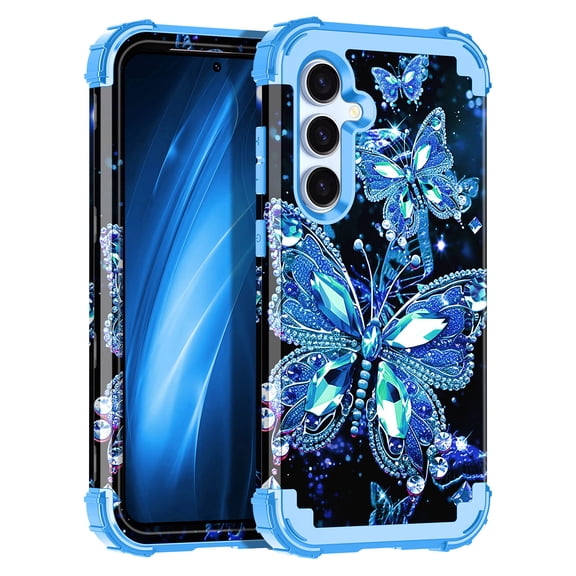 Meshine Phone Case for Samsung Galaxy S24 5G,Glow in The Dark Three Layer Heavy Duty Shockproof Protection Hard Plastic Bumper Soft Silicone Protective Case,Blue Butterfly