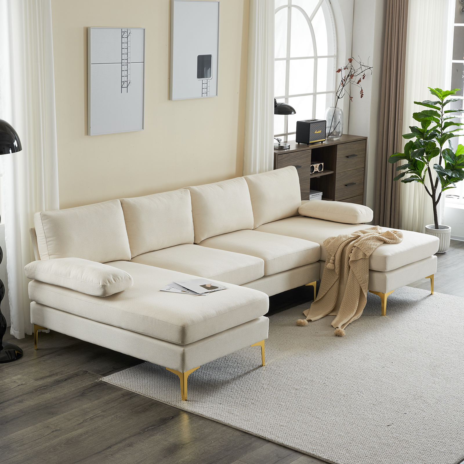 Zimtown Convertible Sectional Sofa,U Shaped Couch with Double Reversible Chaise, Soft Linen Fabric Sectional Couch with Metal Feet Beige