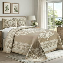 Superior Cotton Blend Woven Jacquard Vintage Medallion Bedspread Set 3-Pieces, Queen, Taupe