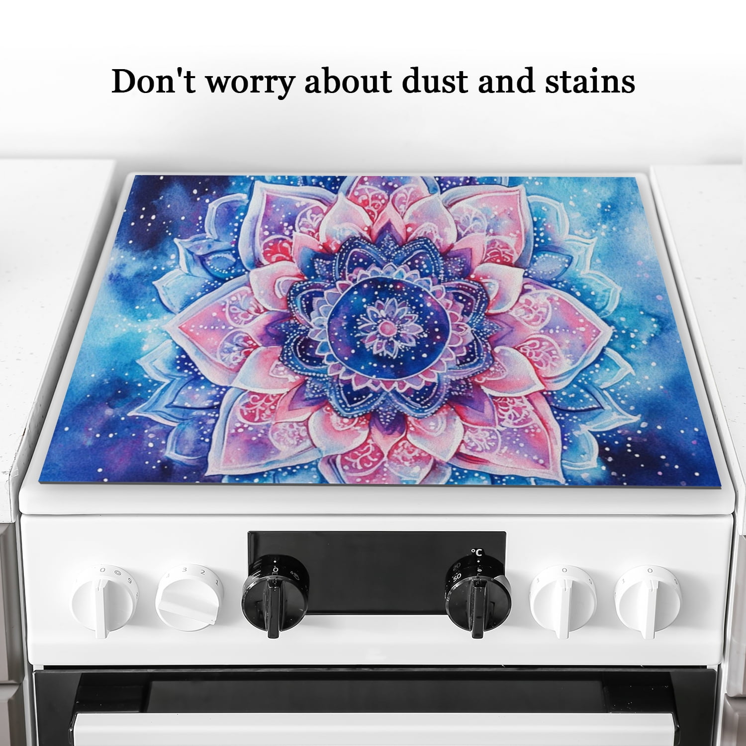 Square Stove Top Covers for Gas Burners, Fantasy Watercolor Mandala Glass Stove Cover Mat, Waterproof Oilproof Dustproof Oven Covers Mat for Kitchen RV (28×20 Inch)