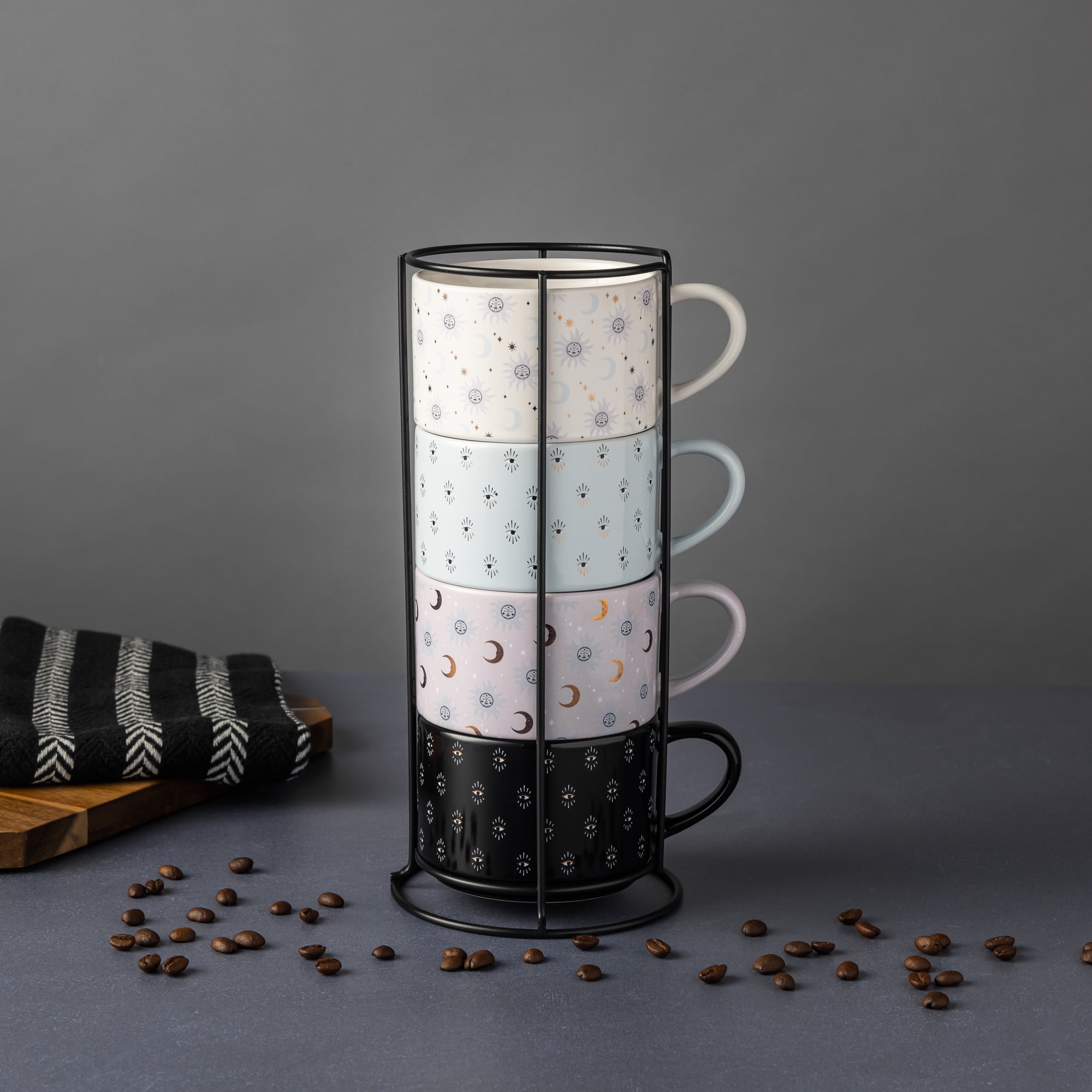 Thyme & Table Lot de 4 tasses empilables en grès céleste assorties de 325 ml avec support métallique