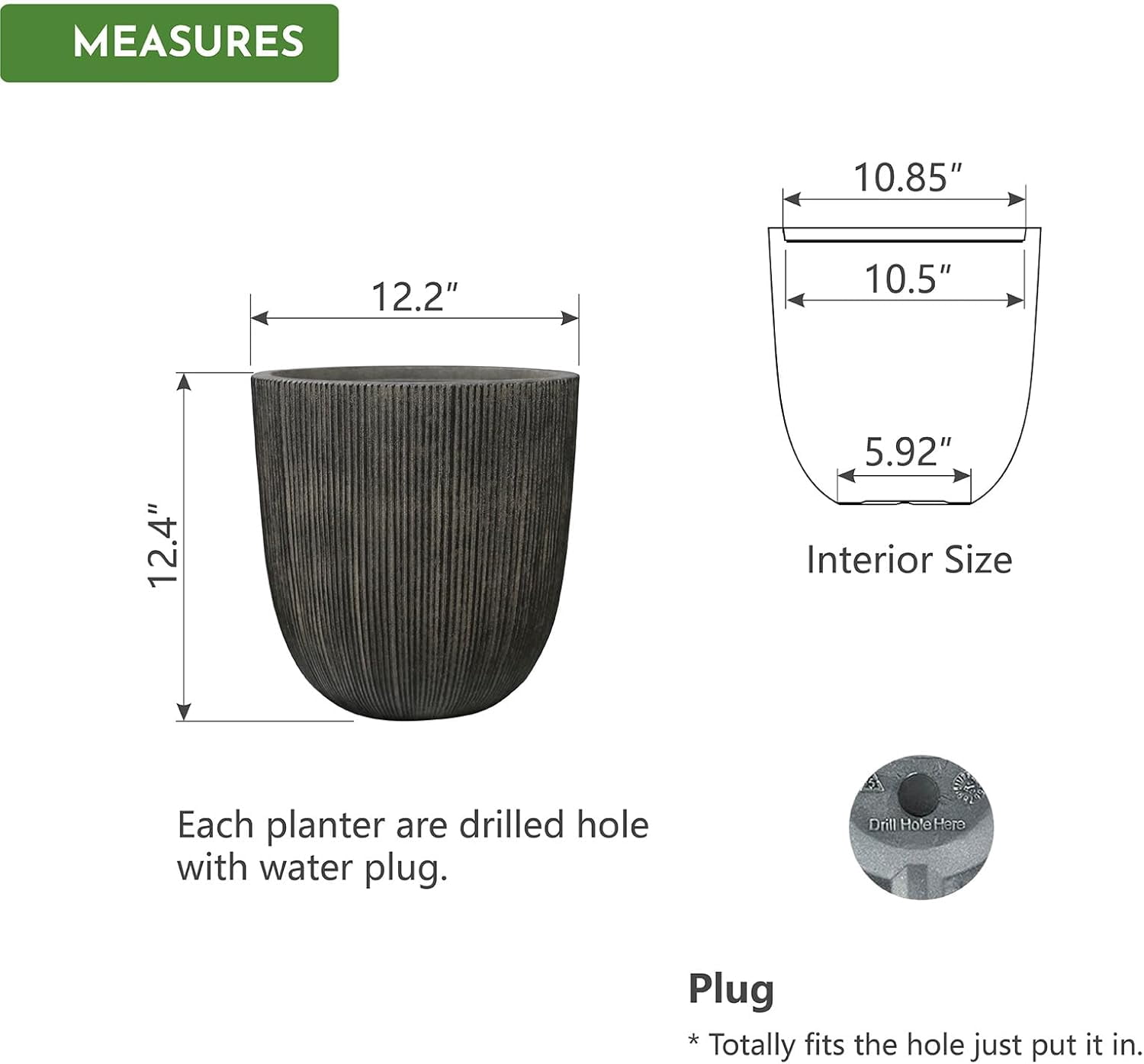 Vintage Black Faux Cement Ribbed Planter, 12.4"H Tall Tapered Egg-Shaped Plastic Plant Pot with Drainage Hole & Plug, Large Modern Indoor Outdoor Flower Pot for Home, Garden, Patio and Houseplants