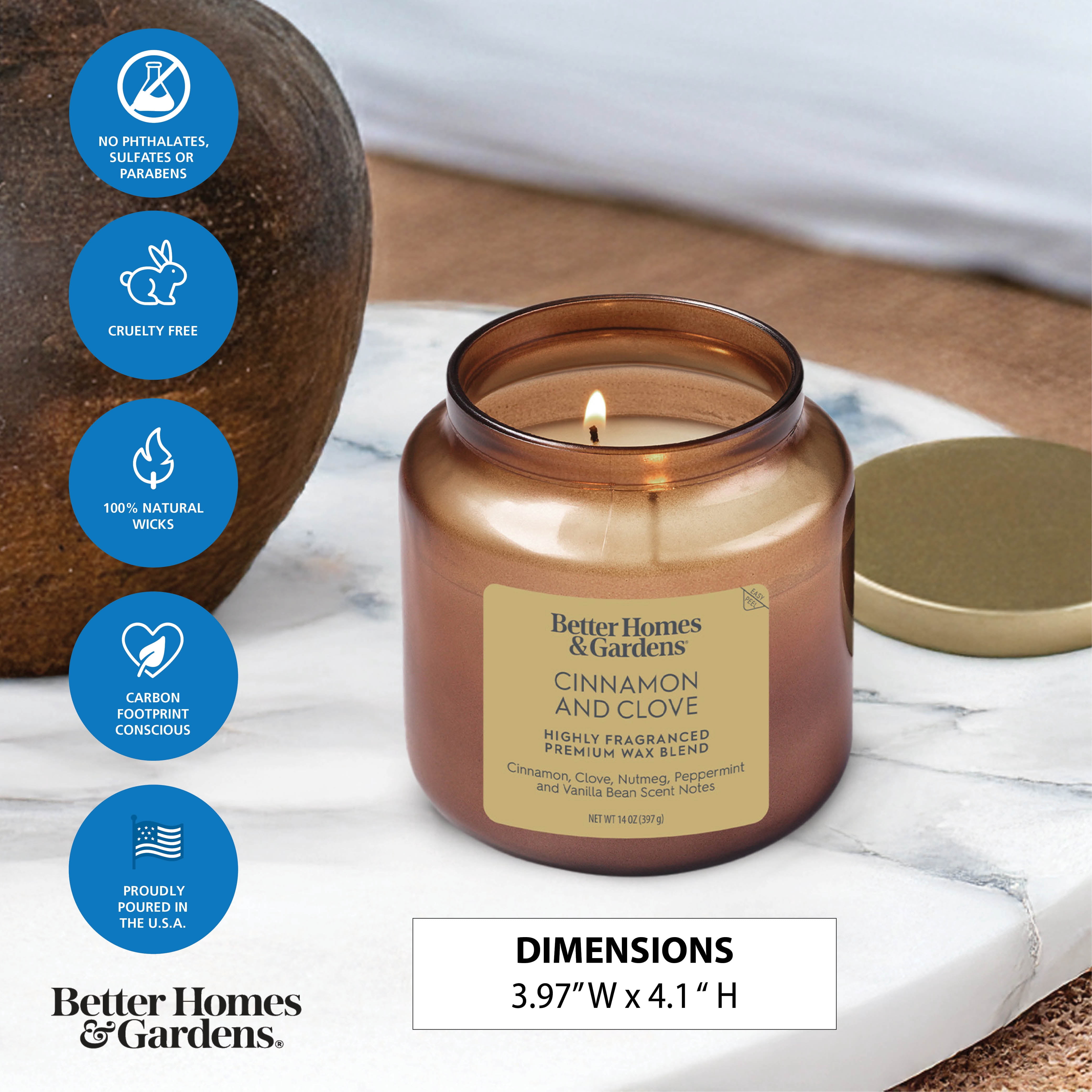 Better Homes & Gardens 2-Wick Bronze Glass Jar Candle with Gold Lid, Cinnamon & Clove, 14oz.