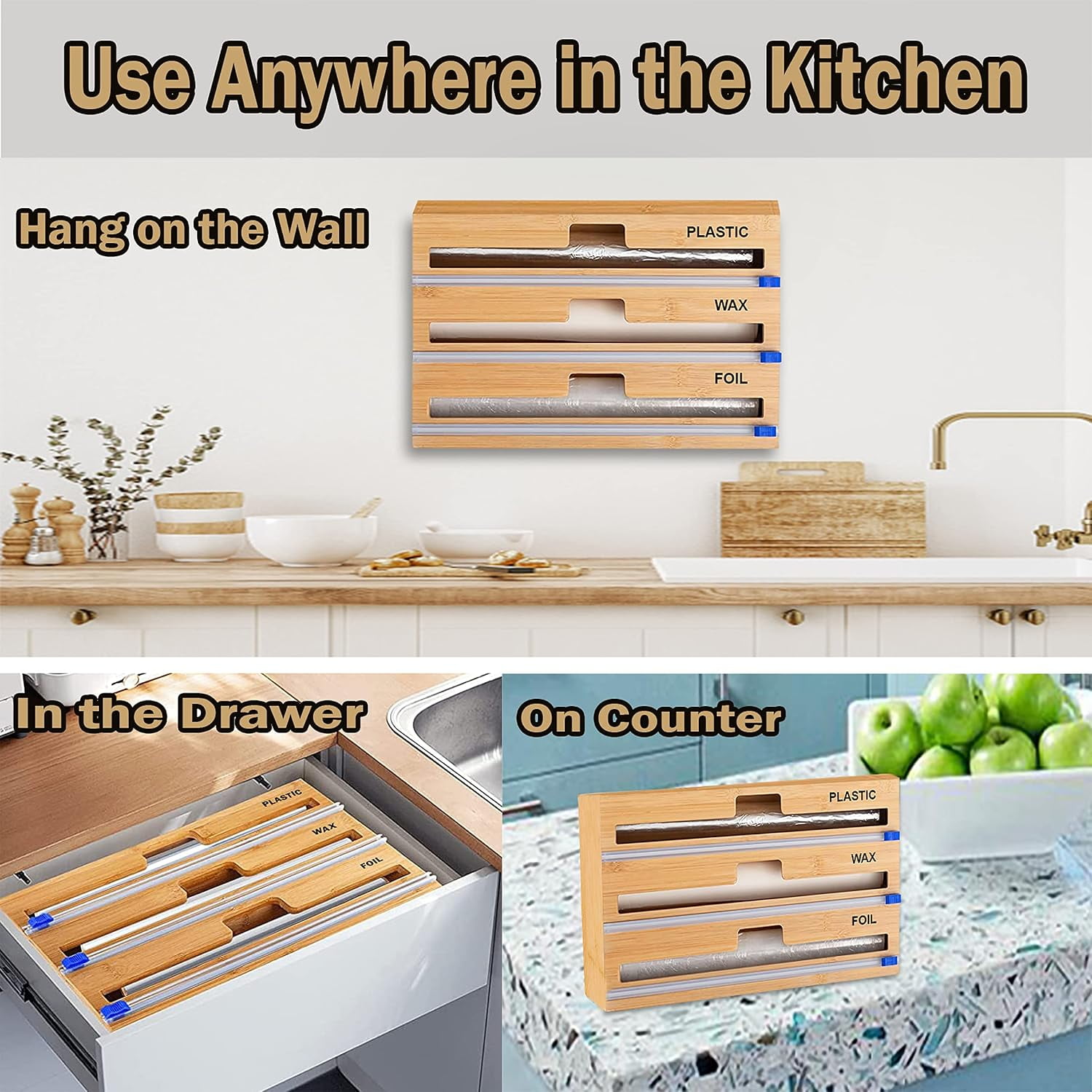 Foil and Plastic Wrap Organizer with Kitchen Wall Aluminum Foil Holder, 3 in 1 Cling Plastic Wrap Dispenser with Cutter and Labels, Bamboo Kitchen Wrap Organizer for Food Storage Drawer Organization