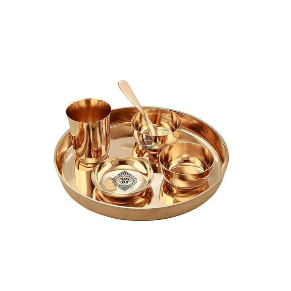 Golden Bronze Dinner Thali Set Of 6 Pieces - 1 Thali+ 2 Bowls+ 1 Halwa Plate+ 1 Spoon+ 1 Glass | Elegant Luxury Design