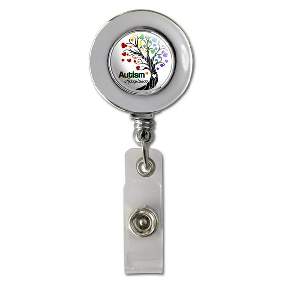 Autism Acceptance Tree of Life with Hearts Retractable Reel Chrome Badge ID Card Holder Clip