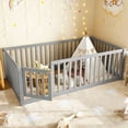 thumbnail image 2 of Bellemave Twin Montessori Bed Frame, Wood Twin Size Floor Bed with High Fence Rails, Twin Beds Frame for Bedroom Playroom (Gray), 2 of 8