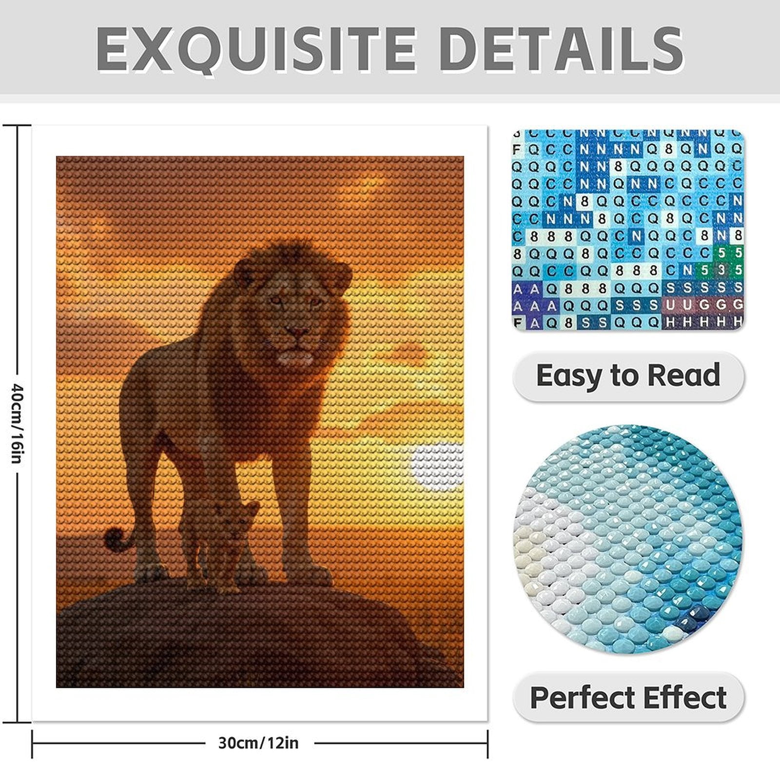Diamond Art Kit for Adults, Lion Cubs Sunset Rock Scene Diamond Painting for Adults Beginners, DIY Diamond Art Painting Kits, 5D Diamond Painting Crafts for Home Decor 12x16 Frameless
