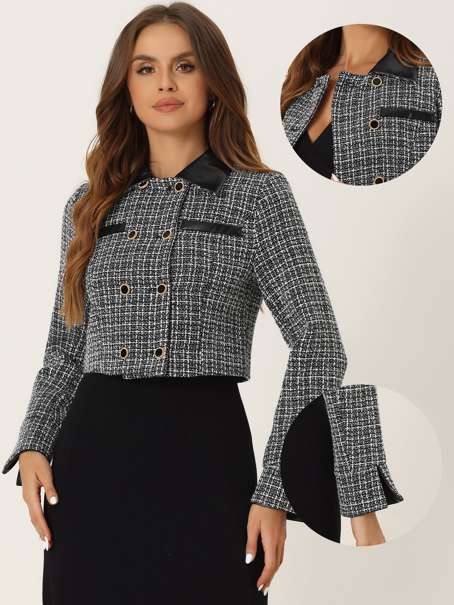 DARING DIVA Women's Lapel Collar Vintage Plaid Tweed Cropped Jackets Blazer Black XS