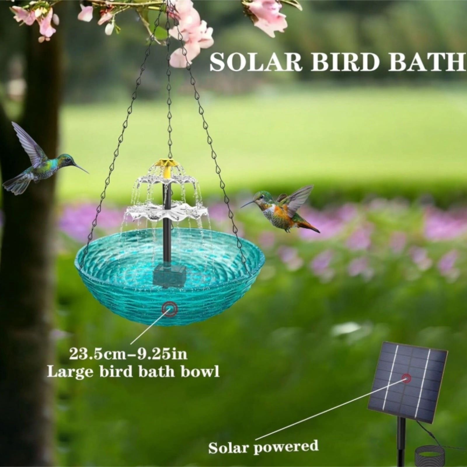 Hanging Bird Bath with Solar Fountains, Plastics Hanging Solar Water Bubbler Fountain for Hummingbird Bird Bath Feeder for Outdoor Garden Balcony Porch (2pc,Blue)