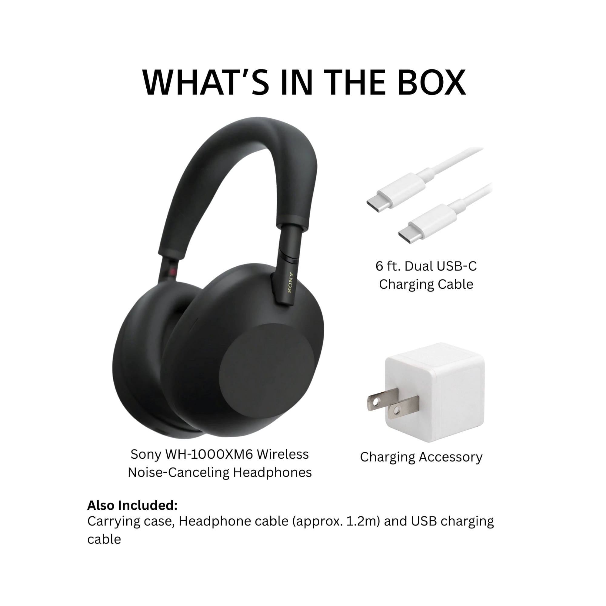Sony WH-1000XM6 Wireless Noise-Canceling Headphones with QN3 Processor (Black) Bundle with USB-C Charging Cable and Charging Accessory (3 Items)