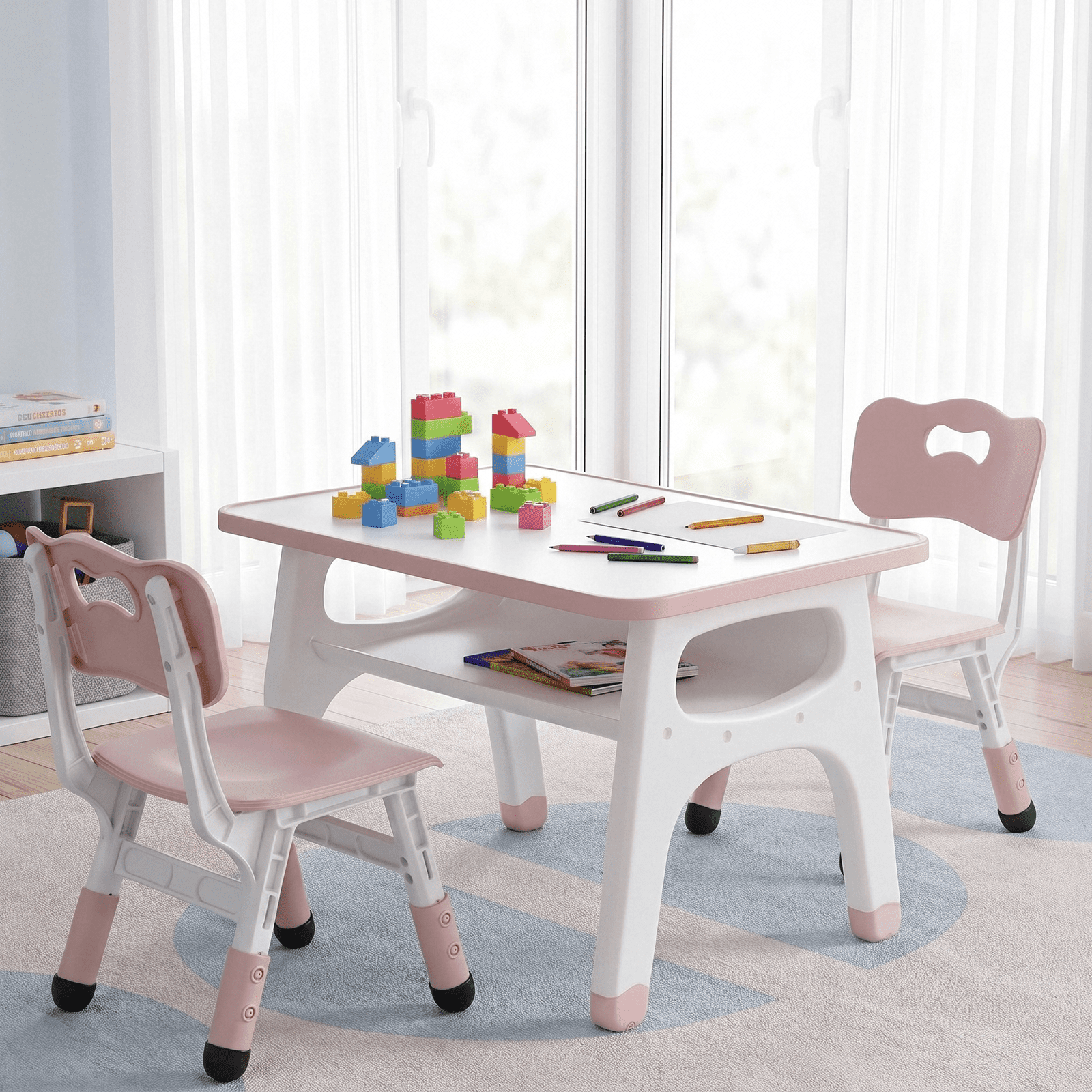 Arlopu Kids Table and 2 Chairs Set, Height-Adjustable Toddler Table and Chairs Set with Graffiti Desktop, Toddler Activity Table for Daycare, Classroom, Home, Pink