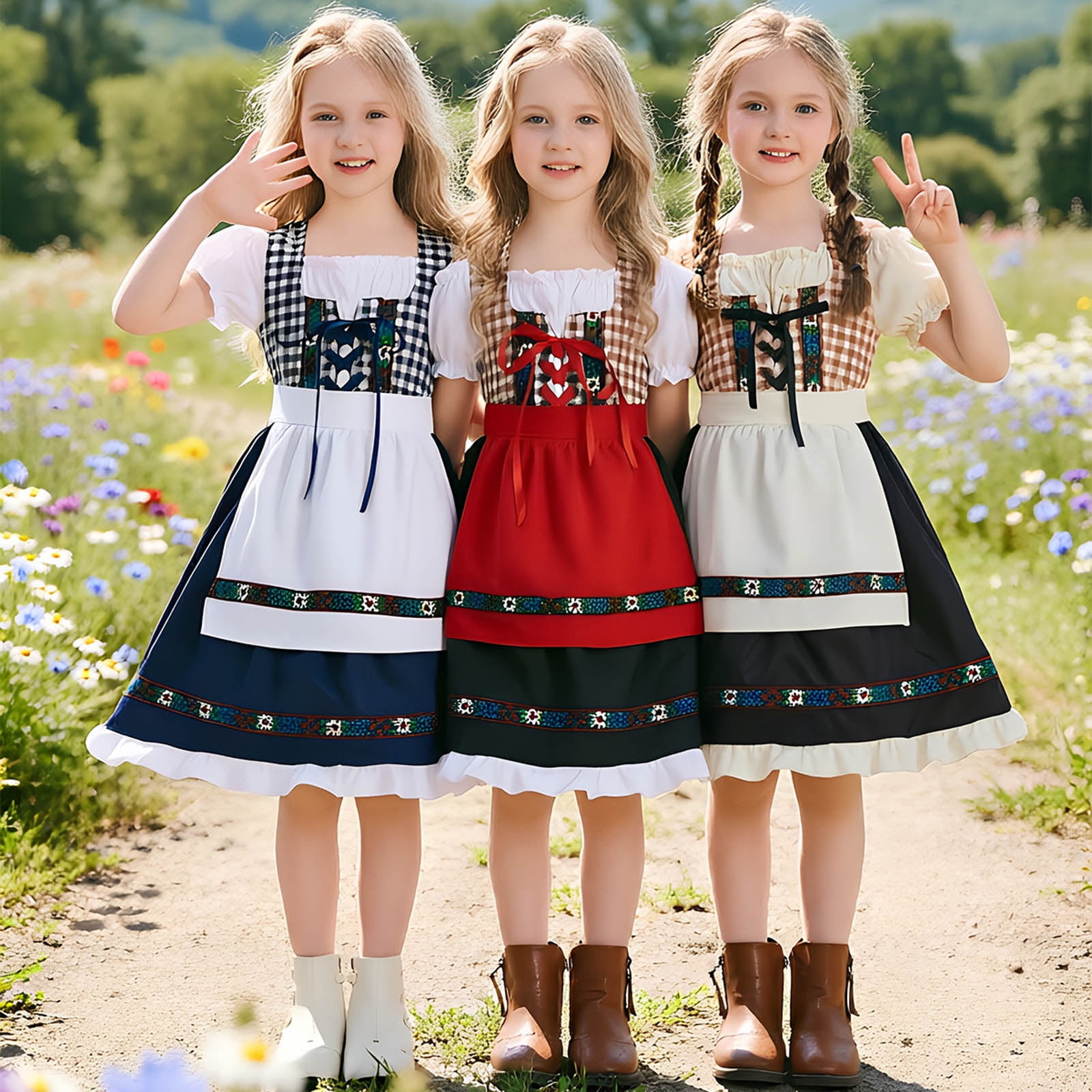 Lolita Juniors Dresses Teens Vintage Plaid Bow Princess Festivel Apron Dresses Puff Sleeve Set Oktoberfest Outfits 3Pcs Red