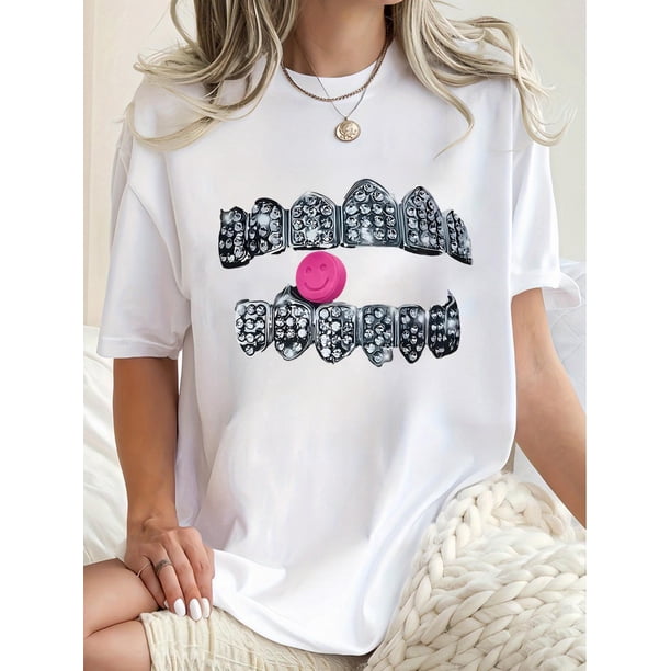 Camisetas para mujer Verano manga corta Tops para DeportesWomen'S Creative Diamond Teeth Pattern Print Short Sleeve T-Shirt, Casual Crew Neck Polyester Blend Tee, Fashionable Relaxed Fit Summer Top