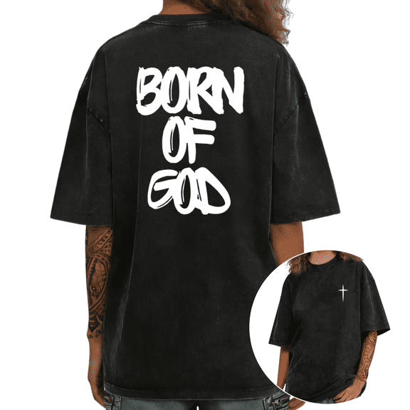 UNISHE Women Washed Born Of God Christian Inspirational Graphic T Shirt Fashion Short Sleeve Black S-2XL Tops
