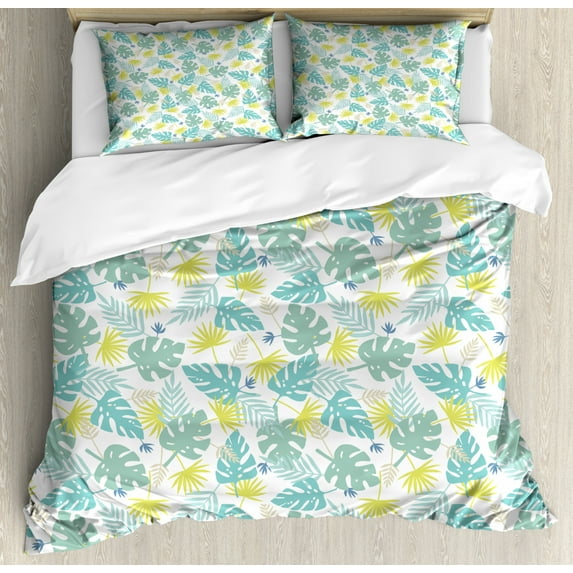 Exotic Duvet Cover Set King Size, Illustration of Tropical Summer Leaves Natural Hawaiian Jungle Elements Hawaiian, Decorative 3 Piece Bedding Set with 2 Pillow Shams, Multicolor, by Ambesonne