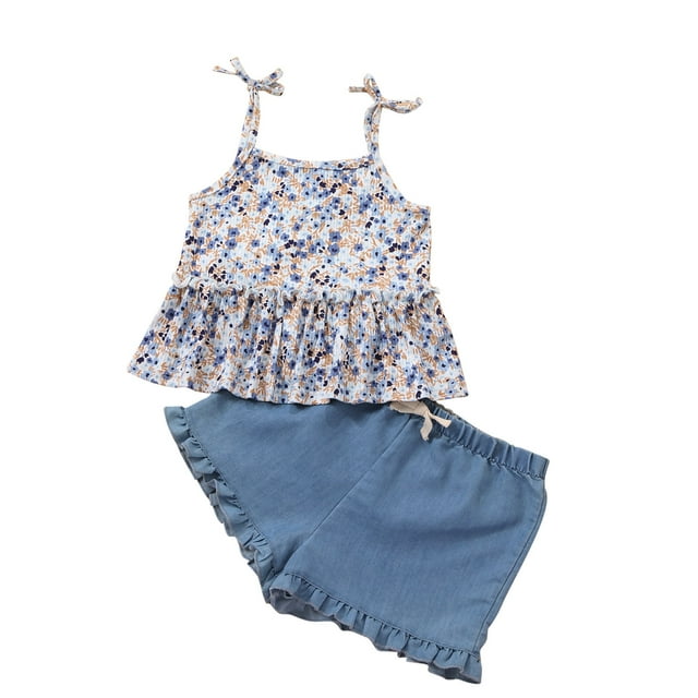 Débardeur pour Filles Mode Filles Décontracté T-Shirts à Manches Courtes Col Rond Col Bouton Ensemble de Shorts Imprimés