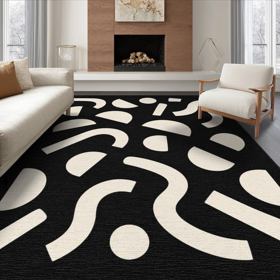 ODIKA 8'x10' Washable Area Rug Black Cream Abstract Geometric Design Contemporary Artistic with Bold for King Size Bedroom Under Bed, Master Suite, Non-Shedding, Easy Care
