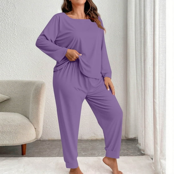 Pincandy Women's Plus Size Pajama Set - Crew Neck Long Sleeve Top & Pants, Casual & Comfortable for Homewear