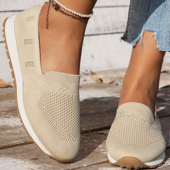 LTTVQM Orthopedic Shoes for Women Arch Support Slip on Non Slip Running Shoes Lightweight Knitted Mesh Stretch Walking Shoes Comfort 2026 New Orthopedic Shoes Beige 38(US-7)