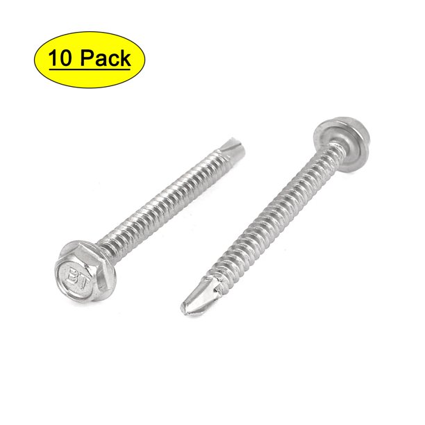 10 Pcs Stainless Steel Hex Flange Head Self Drilling Tapping Screws M4.8x50mm