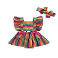 thumbnail image 1 of Newborn Girl Ruffle Flying Sleeve Bodysuit  Square Neck Dress Style Hem Romper with Bow Headband, 1 of 6