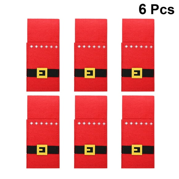 Christmas tableware bags 6pcs Red Christmas Belt Design Tableware Holder Creative Storage Pouch Christmas Cutlery Bags Delicate Silverware Bags Decor Without Cutlery