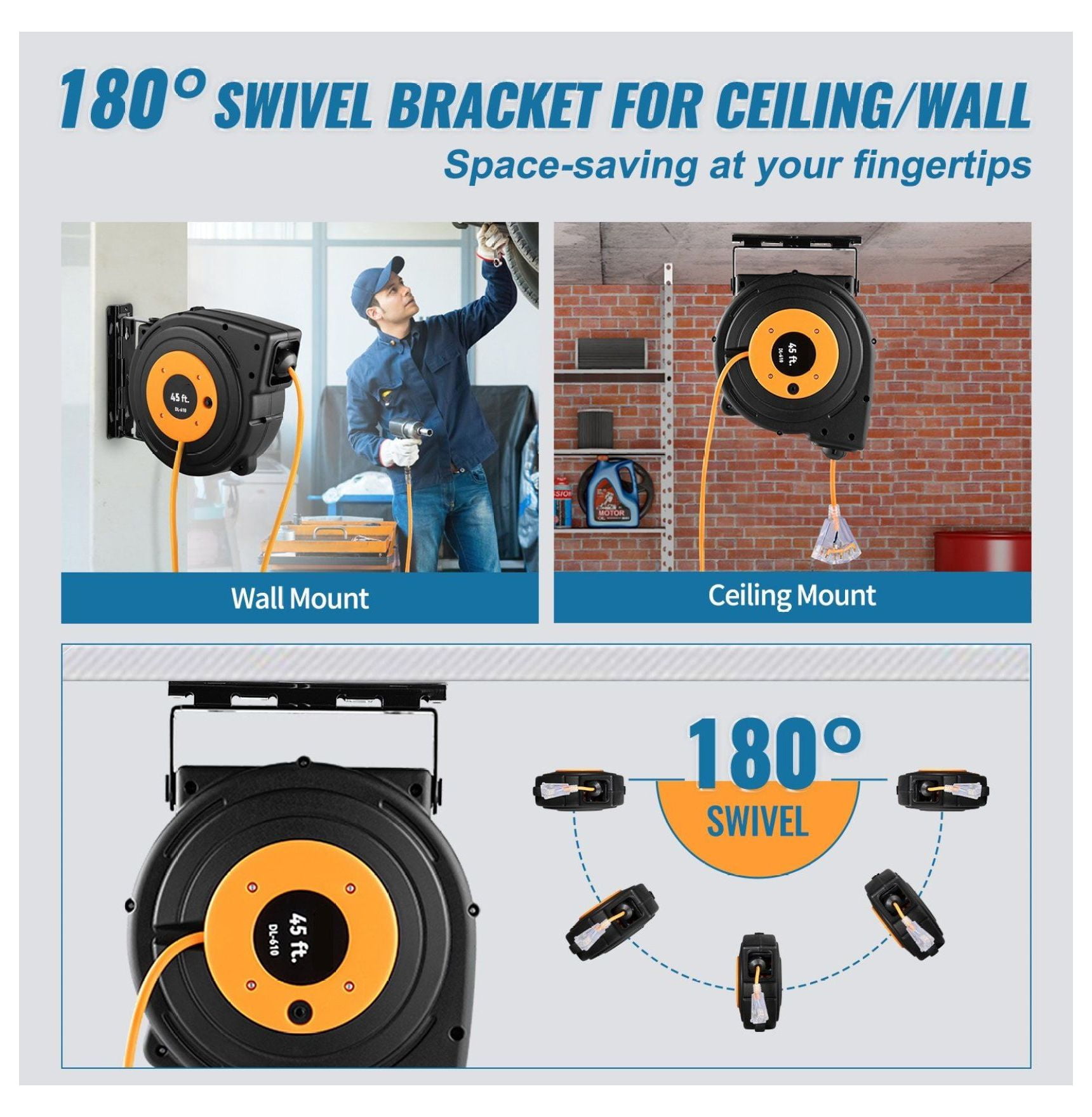 Retractable Extension Reel Heavy Duty 12AWG 45FT, SJTOW Power Cord Reel with Lighted Outlet & Swivel Bracket - Garage, Workshop, Construction