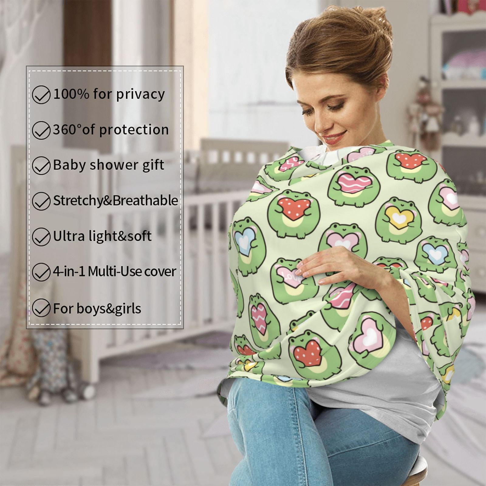 Fotbe Cute Chubby Frog Pattern Car Seat Covers for Babies, Nursing Breastfeeding Cover Infant Carseat Canopy, Soft Stretchy Carrier Cover