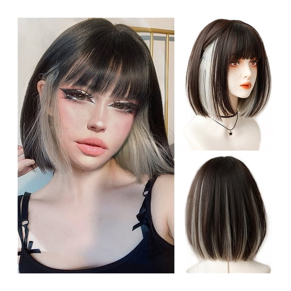 Short Bob Wig with Bangs, Straight Bob Wigs Brown Highlight Blonde Hair, Natural Looking Heat Resistant Synthetic Fiber Wig for Daily Party Cosplay