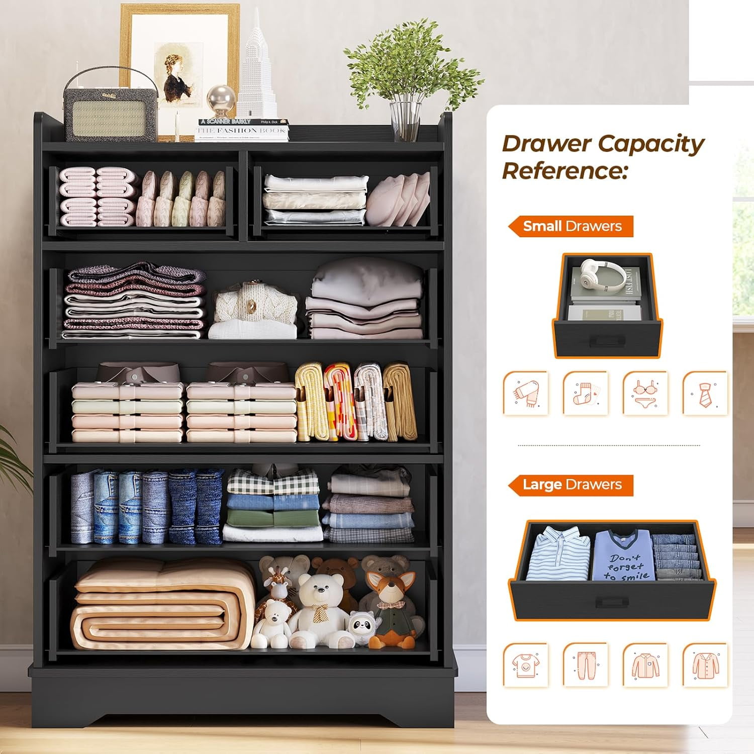Aunfebrco 6 Drawer Dresser Chest of Drawers Tall Storage Organizer for Bedroom Living Room Hallway, Black