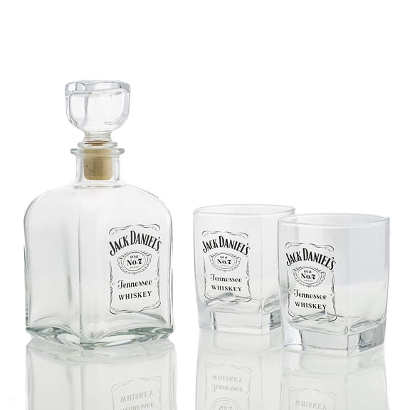 M. Cornell Jack Daniel's Bottle Design 3 Piece Decanter & Double Old Fashioned Glasses Set