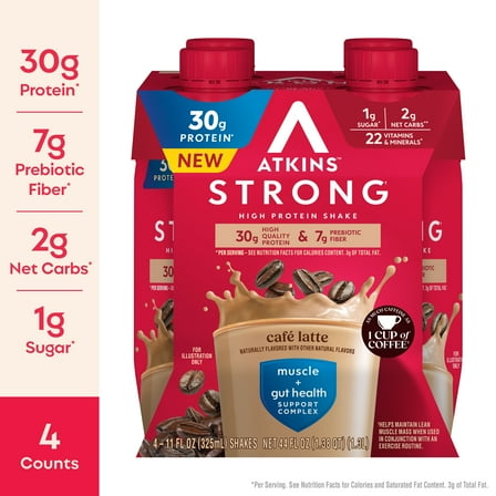 Atkins Strong, High Protein Shake, Cafe Latte Flavor, 30g of Protein, 4 Count