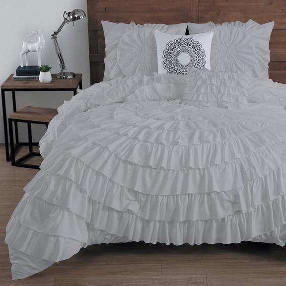 DNG Creations 1 Piece Luxury Circle Ruffle Comforter with 1 Freebie Ruffle Pillow All-season 550 GSM 800TC, 100% Egyptian Cotton ( Full/Queen Size ) Solid Silver Colour